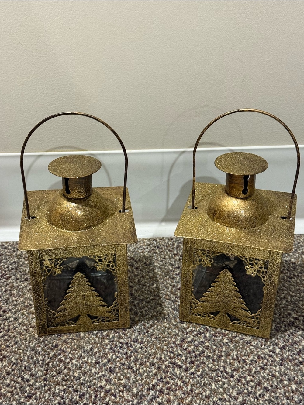 Vintage 2013 Pier 1 Rustic Gold Metal Holiday Lanterns Set of 2.